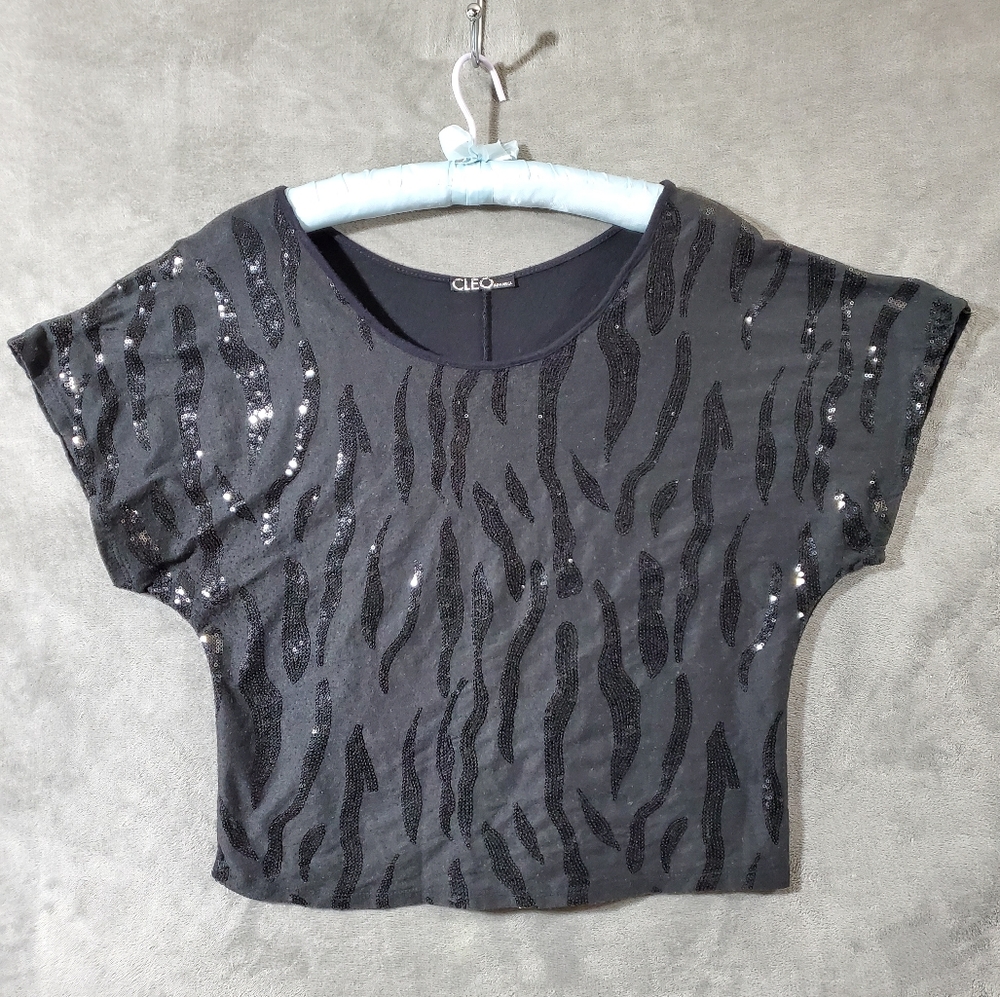 CLEO Apparel Oversized Sequin Decorated Drape Top Black S